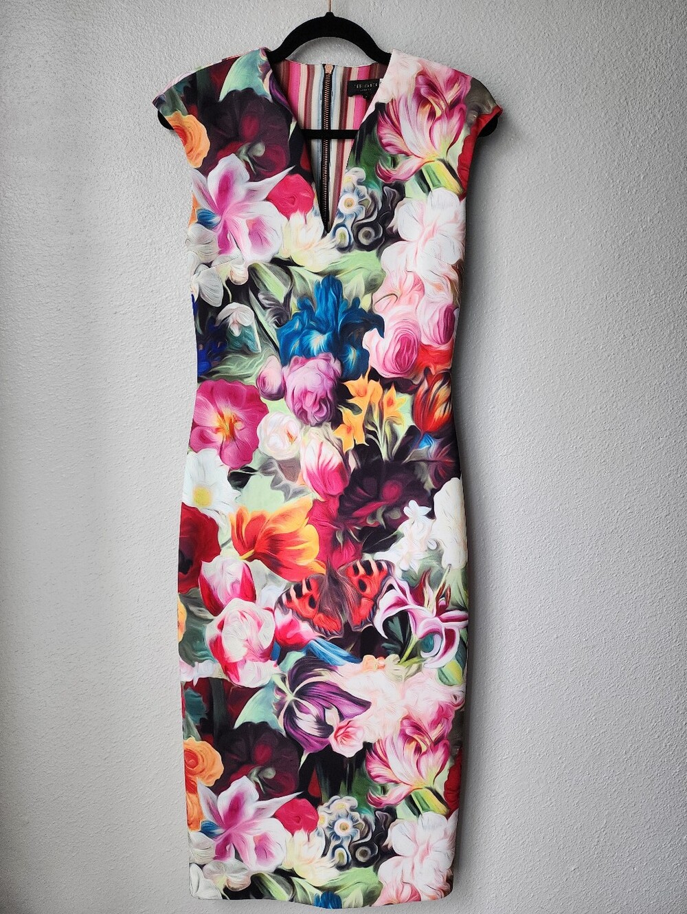 Ted Baker London Odeela Floral V Neck Sheath Dress Rose Gold Zip Size 2 US 6